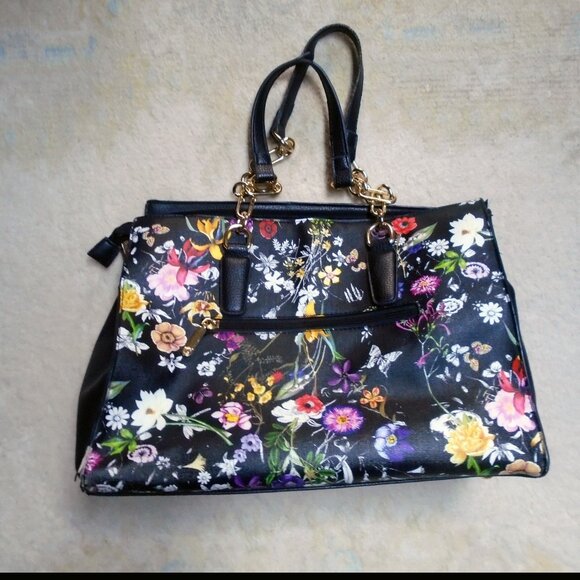 Black Floral Tote Bag in Vegan Leather, Large Purse, Dasein Copy - Picture 8 of 10